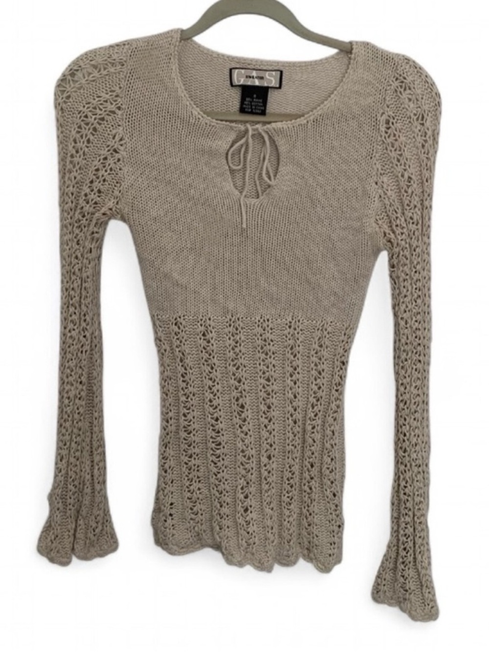 Y2K Gas Beige Knit Lace-Panel Long Sleeve Sweater